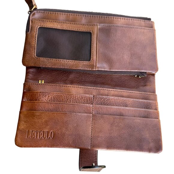 Genuine Leather Brown Zip Wallet With Card Slots & ID Window By Leteulo - Picture 9 of 12